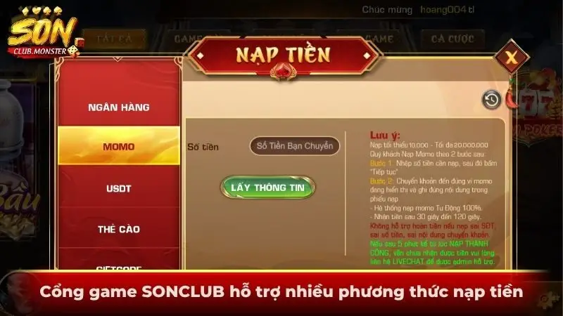 Cổng game SONCLUB hỗ trợ nhiều phương thức nạp tiền